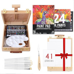 Easel with Oil Paint Set - Painting Set 41 Pieces: 24 Tubes Oil Paint 3 Canvas for Painting 1 Painting Pad 10 Brushes 1 Painting Spatula 1 Palette 1 Table Easel Zenacolor