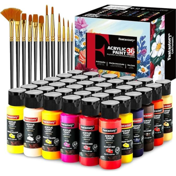 Fantastory Acrylic Paint Set with 60 ml x 36 Classic Acrylic Paint, 12 Brushes, Waterproof, High Light Fastness, Non-Toxic, for Canvas, Wood, Ceramics, Models, Fabrics, Painters, Adults, Children