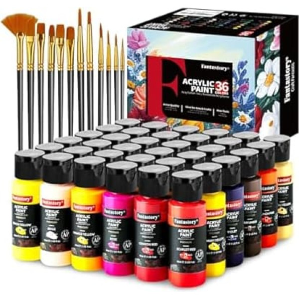 Fantastory Acrylic Paint Set with 60 ml x 36 Classic Acrylic Paint, 12 Brushes, Waterproof, High Light Fastness, Non-Toxic, for Canvas, Wood, Ceramics, Models, Fabrics, Painters, Adults, Children