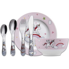 Exzact Cutlery Gift Set 6 Pieces Stainless Steel Children's Tableware - 1 x Bowl, 1 x Plate, 1 x Table Knife, 1 x Dinner Fork, 1 x Teaspoon and 1 x Table Spoon - Deluxe Gift Box - Unicorn