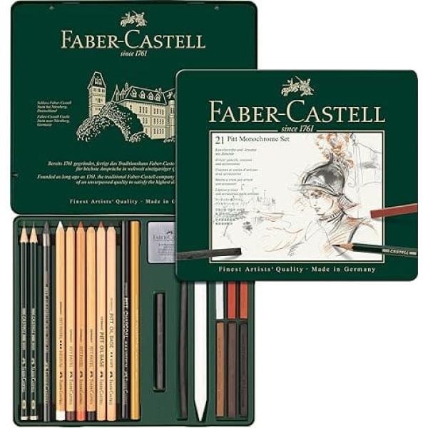 Faber-Castell Pitt Monochrome Set in Storage Tin, Medium, 112976 Dark Pieces + 2 Pads