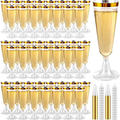 CYEER Pack of 50 gold champagne glasses, plastic, 160 ml champagne glasses, plastic with gold rim, clear champagne glasses, disposable, stackable for weddings, birthdays, outdoor activities, parties,