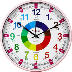 Kiddus Children's Wall Clock Analogue Time Teacher with Time Learning Exercises. Silent Clock. Many Languages. Français XL Rose