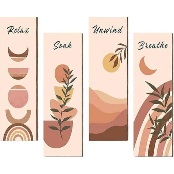 decalmile Pack of 4 Wall Signs Hanging Signs Boho Wooden Sign Hanging Art Relaxation and Breathing Inspirational Texts Wooden Wall Decoration for Bathroom Living Room