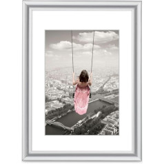 Hama Swing Picture Frame 50 x 70 cm (with Mount Picture Format 30 x 45 cm, Modern Plastic Frame, for Portrait Format, for Landscape Format, Hanging, Reflex Glass) Silver