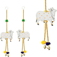 •Set of 2 Indian Traditional Door Hanging White Wooden Cow String with Bell Housewarming Decoration for Home Wall Temple Home Décor Festival New Year Gifting Ideas (Size: -15 inches/1.25 Feet's