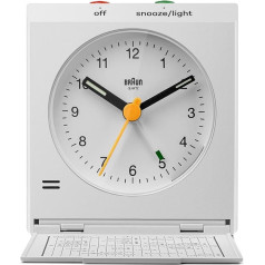 Braun Classic Analogue Travel Alarm Clock with Snooze Function and Light, Vintage Design, Compact Size, Flip Cover with World Time Zone Map, Silent Quartz Movement, Crescendo Beep Alarm in White,