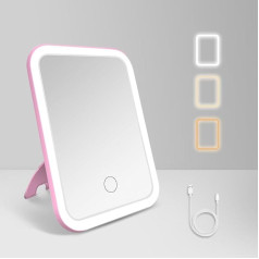 tekstap Makeup Mirror, Touch Dimming Illuminated Mirror, 3 Colors and Dimmable Brightness, Portable Mirror for Travel and Home, Rechargeable Illuminated Travel Mirror, Pink Gift for
