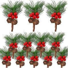 Bacucine 12 Pieces Christmas Berries Pine Cones Artificial Flower Picks Winter Garland Christmas Decorations with Red Berries Pine Needle for Crafts Table Fireplace Bar Party Holiday