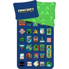 Children's Bed Linen Reversible Design Minecraft Badges Creeper Pig Sheep TNT Bee Blue Green Duvet Cover 140 x 200 cm Pillowcase 70 x 90 cm 100% Cotton