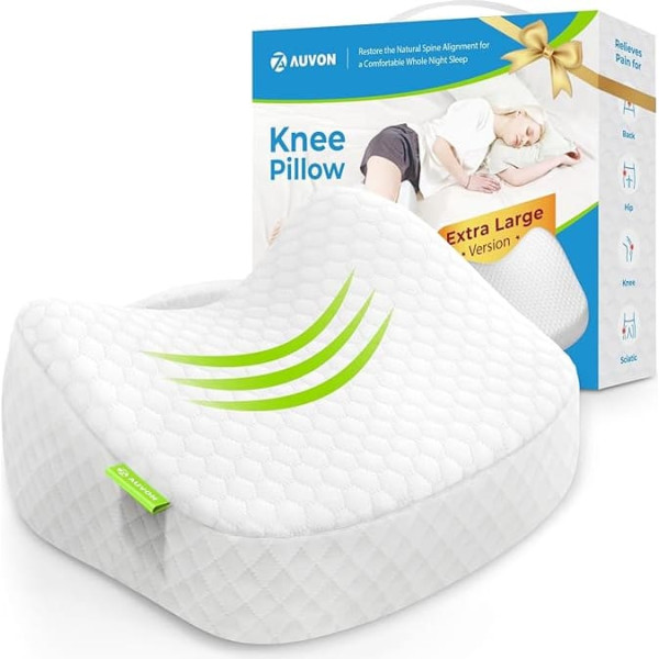 AUVON Knee Pillow for Side Sleepers, Leg Pillow with Cooling Ice Silk Fabric for Comfortable Sleep, Memory Foam Pillow for Legs, Knees and Back 31 x 27 x 7 cm