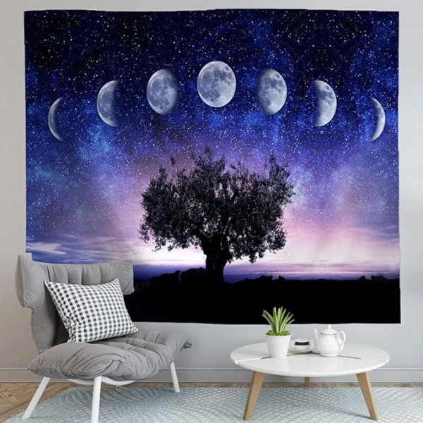 Moon Phase Tapestry Psychedelic Tree of Life Tapestry Black Blue Purple Aesthetic Galaxy Tapestry for Bedroom Dorm Living Room Home Decor Wall Blanket (150x200 cm)
