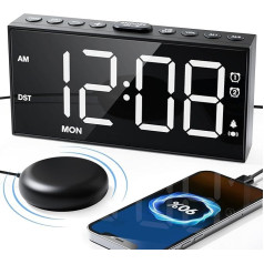 Digital Alarm Clock, Loud Vibration Alarm Clock with Bed Shaker, Alarm Clock Loud for Deep Sleepers, Large Display, Adjustable Volume & Brightness, Double Alarm, Snooze, USB Charger, Easy Operation