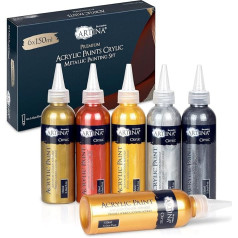 Artina 6 x 150 ml Acrylic Paints Metallic Set Crylic (Glitter) - Acrylic Paint Gold, Silver, Bronze, Copper - Metallic Paint for Painting with Brush and Painting Knife on Canvas, Clay, Paper, Concrete
