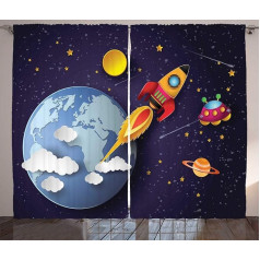 ABAKUHAUS Space Rustic Curtain, Rocket Earth Stars UFO, Bedroom Ruffle Tape Curtain with Loops and Hooks, 280 x 175 cm, Midnight Blue
