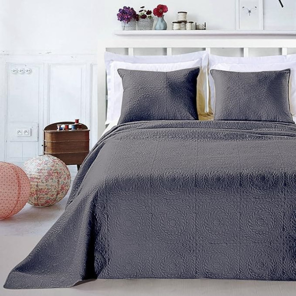 DecoKing Elodie Premium Bedspread with 50 x 60 cm Pillowcase Plant Pattern Easy-Care, steel, 240x260