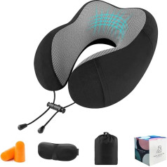 CNMTCCO Travel Pillow - Comfortable Neck Pillow for Travel, Memory Foam Neck Pillow, Headrest, Soft Pillow for Sleeping Rest, Aeroplane Car & Home Use, with Earplugs, Eye Mask (Black)