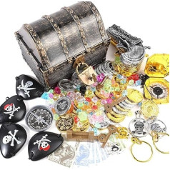 Sincere Party Pirate Treasure Chest Bronze with Pirate Coins, Pirate Jewels, Eye Patches, Rings, Earrings, Compass, Toy Gun, Badge, 16 Pieces Paper Money