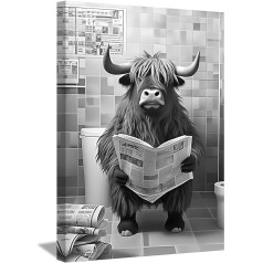 LZIMU Funny Bathroom Picture on Canvas Highland Cow Sitting on the Toilet Reading Newspaper Canvas Picture Black White Animals Poster Wall Decoration Framed (1, 30 x 45 cm)
