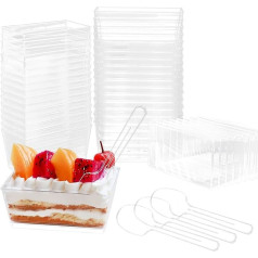 ZALAON Clear Dessert Cups, 50 Mini Dessert Cups with 50 Spoons, Rectangle Plastic Dessert Cups for Mousse, Pudding, Desserts, Party Supplies