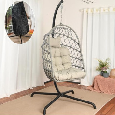 LKINBO Polyrattan Hanging Chair with Frame Outdoor Indoor Basket Hanging Chair Rattan Hanging Chair Weatherproof Hanging Swing Garden Swing up to 195 kg Grey