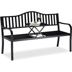 Relaxdays Garden Bench with Folding Table, 3 Seater, Integrated Table Shelf, Heavy Duty Bench, Black, 90 x 150 x 57.5 cm