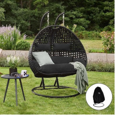 Home Deluxe - Twin Hanging Chair - Black, Height 195 cm - Includes Rain Cover, Frame, Seat and Back Cushion I Polyrattan Hanging Chair Garden Swing Hanging Basket