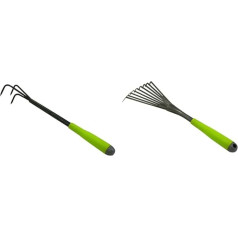 Xclou Small rubber in black/green, cultivator with shape-fitting handle, garden tool with 3 prongs and small broom in black, powder-coated rake with silver hammer blow