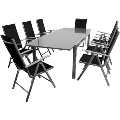 DEGAMO Marina Garden Set 9 Pieces 8 x High-Backed Chairs and 1 x Extendable Table Aluminium with Glass Top 180/240 x 100 cm Outdoor