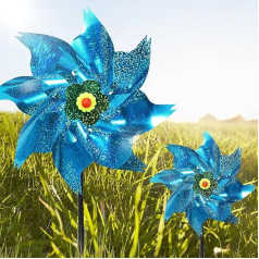 Wind Turbines for Yard and Garden, Slofunife 12 Pieces Blue Glitter Bird Wind Chimes with Pegs, 8 Sides, Reflective Pinwheels for Garden Decoration, Wind Sculptures for Deterrent Animals