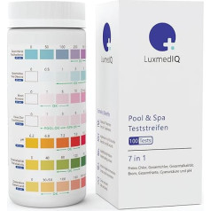 100 x LuxmedIQ 7-in-1 Pool and Spa Test Strips - Drinking Water and Whirlpool Test Strips - Swimming Pool Water Tester pH Value, Free Chlorine, Total Chlorine, Bromine, Total Hardness, Total