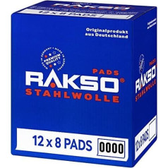 RAKSO Steel Wool Extra Fine 0000-96 Pads - 12 x 8 Pieces - Polished Waxed Wood, Copper, Brass, Matte Surfaces, Cleans Glass