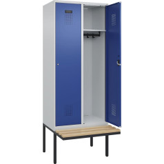 kaiserkraft | Spind Evolo Plus Sitzbank | 2 Abteile | lichtgrau/enzianblau | B 800 mm | Zylinderschloss | mit auskragender Sitzbank | Buche