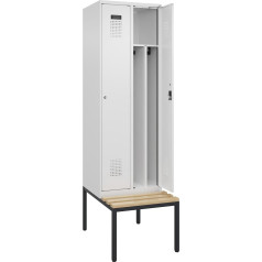 kaiserkraft Evolo Plus Locker with Central Divider and Bench 2 Compartments Divider Centre White W 600 mm Cylinder Lock with Underbuilt Bench Beech