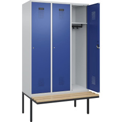 kaiserkraft | Spind Evolo Plus Sitzbank | 3 Abteile | lichtgrau/enzianblau | B 1200 mm | Zylinderschloss | mit auskragender Sitzbank | Buche