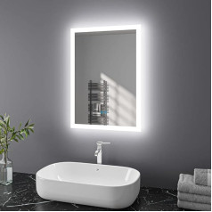 Finmrys Bathroom Mirror with Lighting, 50 x 70 cm, LED Bathroom Mirror with Touch Switch, Anti-Fog Bathroom Mirror, Dimmable, Illuminated, Cool White, Warm White, Horizontal, Vertical (19.69 x 27.56