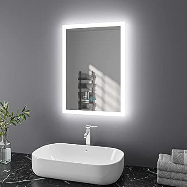 Finmrys Bathroom Mirror with Lighting, 50 x 70 cm, LED Bathroom Mirror with Touch Switch, Anti-Fog Bathroom Mirror, Dimmable, Illuminated, Cool White, Warm White, Horizontal, Vertical (19.69 x 27.56