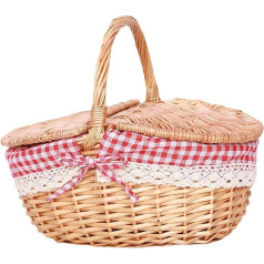 Handgefertigter Picknickkorb aus Weidengeflecht mit Deckelgriff, Picknickkorb, waschbares Futter, Weide, gewebter Aufbewahrungskorb, Outdoor, Camping (rot)