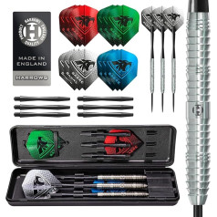 Harrows Sabre Dartpfeil-Set mit 90% Wolframstahlspitze, 21 g bis 26 g, alle Gewichte erhältlich, riesiges 16-teiliges Bündel mit Ersatzschäften, Prime Flights und Reiseetui