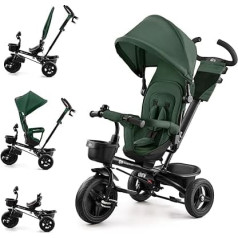 Kinderkraft Aveo Tricycle from 9 Months up to 25 kg, Children's Tricycle with Push Bar, Compact Folding, Rotating Seat, Fold-Out Hood with Sun Protection, Drink Holder Basket in Set, Green