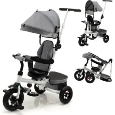COSTWAY 4-in-1 Children's Tricycle, Children's Tricycle Foldable with Push Bar, Rotating Seat, Forward and Reversing, Balance Bike with Adjustable Hood & Removable Railing for Baby from 1 Year (Grey)