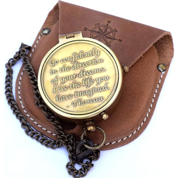 Brass Compass Engraved with Thoreau's Go Confidently Quote and Embossed Leather Case, Scout Gift