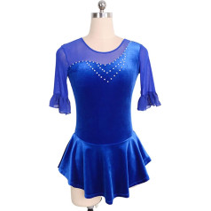 YDHTIZ Girls Adult Figure Skating Suit Blue Velvet Competition Suit Short Sleeve Rhinestone Girls Scooter Ice Activewear Competition Training Athletic Female