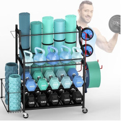 ZACHVO Dumbbell Stand, Multifunctional Dumbbell Stand for Dumbbells, Yoga Mat, Fascia Roller, Kettlebell and Yoga Block, Dumbbells Shelf for Home Gym with 4 Wheels and 8 Hooks