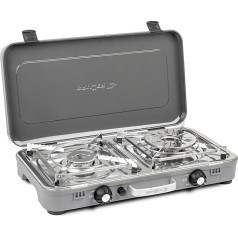 Brunner DEVIL Gaskocher Kookmaster GP – Doppelbrenner 2,4 kW, Piezo-Zündung, Deckel und Tragegriff, mit glatter und geriffelter Grillplatte, 30 mbar, perfekt für Outdoor-Küche