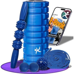 FlexRoll 5-in-1 Fascia Roller Set Spine and Full Body (33 x 13 cm) [3D Deep Massage] Massage Roller Yoga Roll Back Roller Fascia Ball Duo Ball Medium Firm for Back Legs Neck Thighs Blue