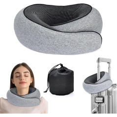 SUPFIVES TECH Travel Pillow, 100% Pure Memory Cotton, Airplane Neck Pillow, 360° Support Headrest, Ergonomic Design, Memory Foam Filled, Suitable for Airplane, Office and Car, Washable