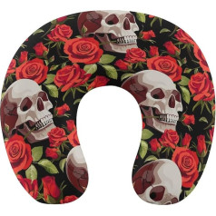FJQWKLF Chin Support Travel Pillow Compatible with Halloween Skulls Red Rose Neck Pillow, U Shaped Memory Foam Pillow, Comfortable Airplane Car Pillow for Nap