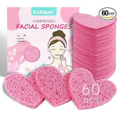 kickleen Compressed Cellulose Sponges Heart Shape 60 Pack 100% Natural Cosmetic Spa Sponges for Facial Cleansing, Exfoliating Makeup and Mask Removal, Reusable Skin Massage