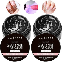 Makartt Solid Gel Nail Glue Clear - 2 Pieces 15 ml Nail Glue Gel for Artificial Nails Extra Strong Nail Tips Solid Nail Glue UV Non-Stick Hands Clear